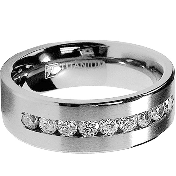 Titanium Silver Band with Clear Stones - Picture 1 of 2
